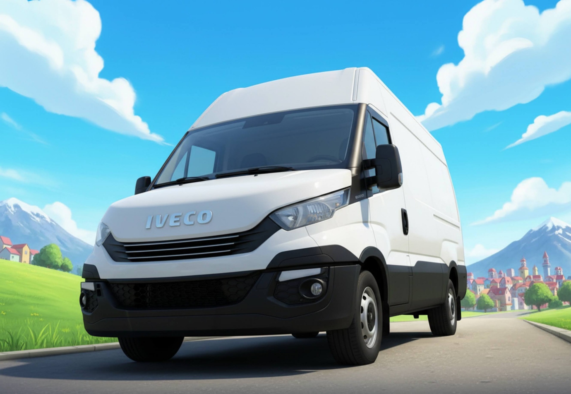 Bílý dodávkový vůz IVECO na silnici před městem, na montáž tachografu.